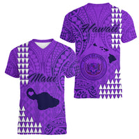 Maui Island Women V Neck T Shirt Kakau Tribal Mixed Polynesian Pattern Purple - Wonder Print Shop