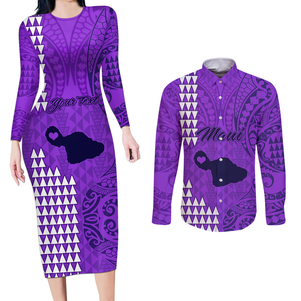 Personalised Maui Island Couples Matching Long Sleeve Bodycon Dress and Long Sleeve Button Shirts Kakau Tribal Mixed Polynesian Pattern Purple LT9 - Wonder Print Shop