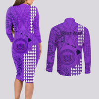 Personalised Maui Island Couples Matching Long Sleeve Bodycon Dress and Long Sleeve Button Shirts Kakau Tribal Mixed Polynesian Pattern Purple LT9 - Wonder Print Shop