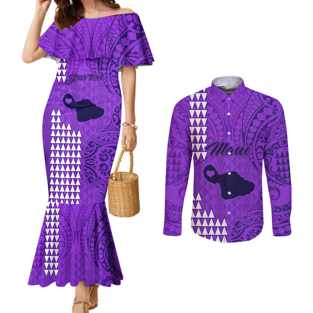personalised-maui-island-couples-matching-mermaid-dress-and-long-sleeve-button-shirts-kakau-tribal-mixed-polynesian-pattern-purple