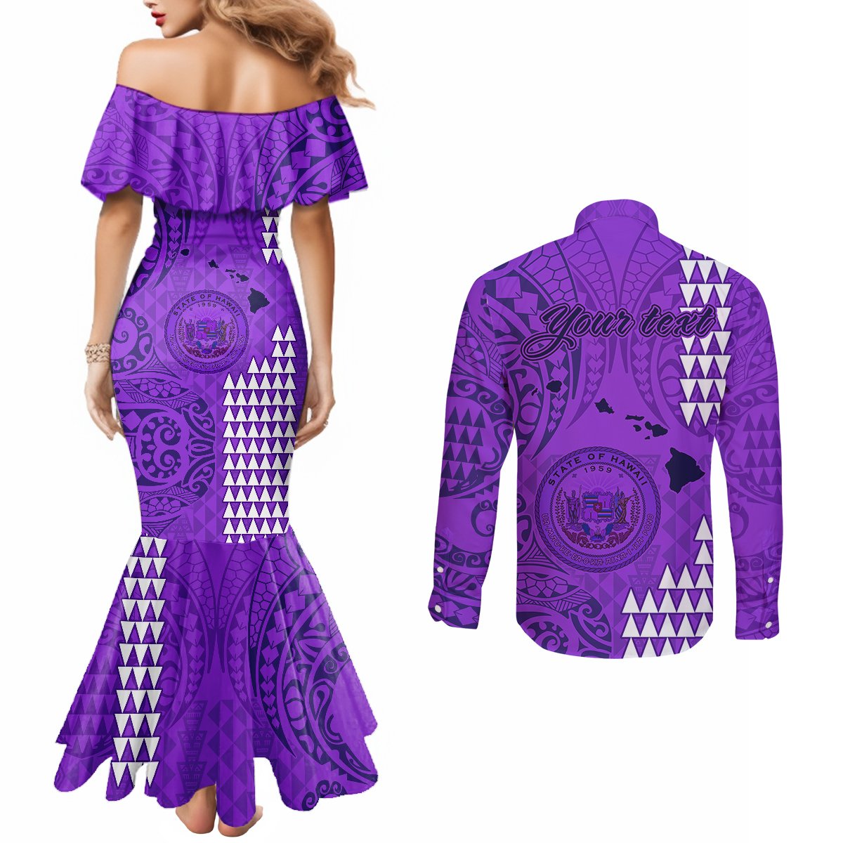 personalised-maui-island-couples-matching-mermaid-dress-and-long-sleeve-button-shirts-kakau-tribal-mixed-polynesian-pattern-purple