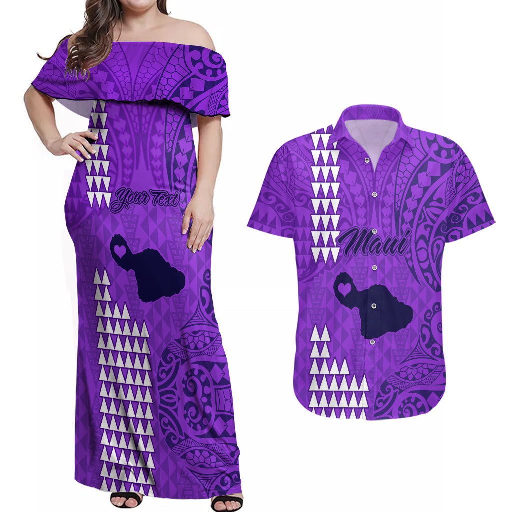 Personalised Maui Island Couples Matching Off Shoulder Maxi Dress and Hawaiian Shirt Kakau Tribal Mixed Polynesian Pattern Purple LT9 - Wonder Print Shop
