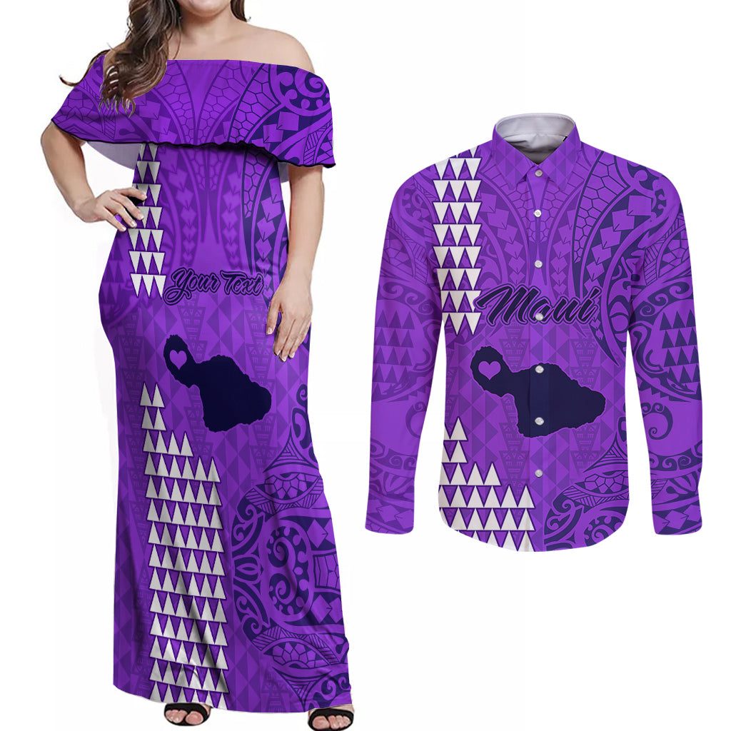 Personalised Maui Island Couples Matching Off Shoulder Maxi Dress and Long Sleeve Button Shirts Kakau Tribal Mixed Polynesian Pattern Purple LT9 - Wonder Print Shop