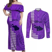 Personalised Maui Island Couples Matching Off Shoulder Maxi Dress and Long Sleeve Button Shirts Kakau Tribal Mixed Polynesian Pattern Purple LT9 - Wonder Print Shop