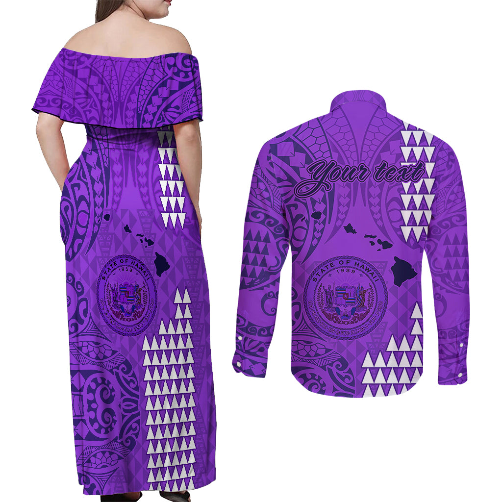 Personalised Maui Island Couples Matching Off Shoulder Maxi Dress and Long Sleeve Button Shirts Kakau Tribal Mixed Polynesian Pattern Purple LT9 - Wonder Print Shop