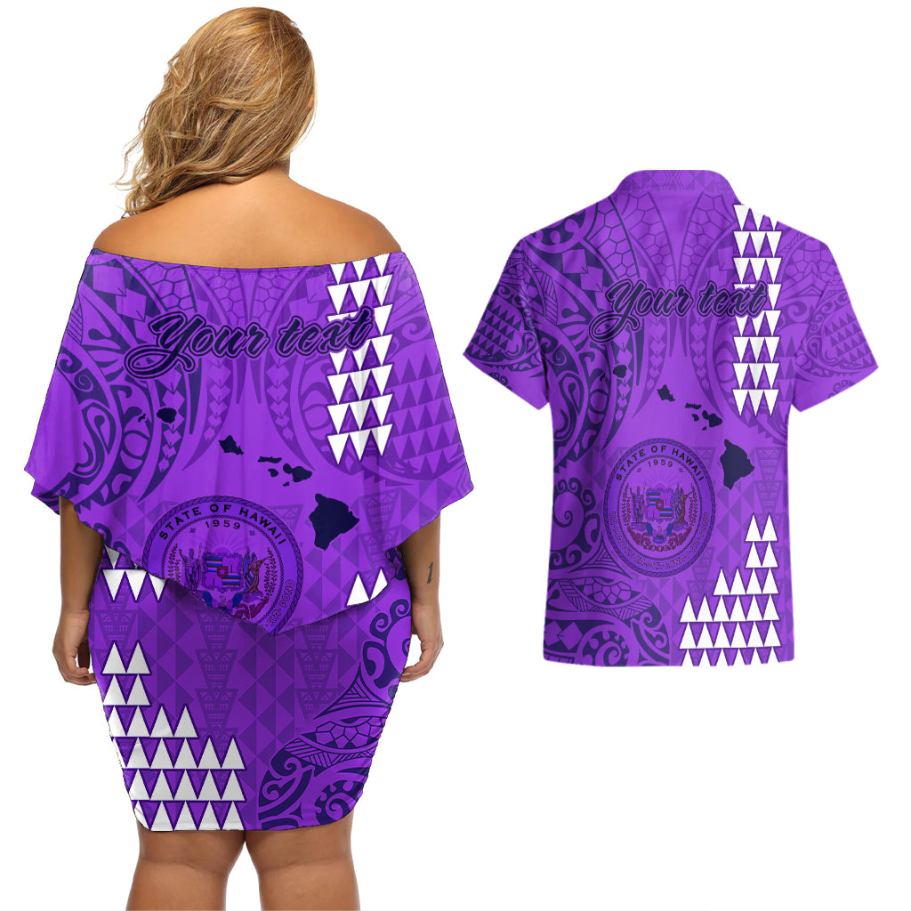 Personalised Maui Island Couples Matching Off Shoulder Short Dress and Hawaiian Shirt Kakau Tribal Mixed Polynesian Pattern Purple LT9 - Wonder Print Shop