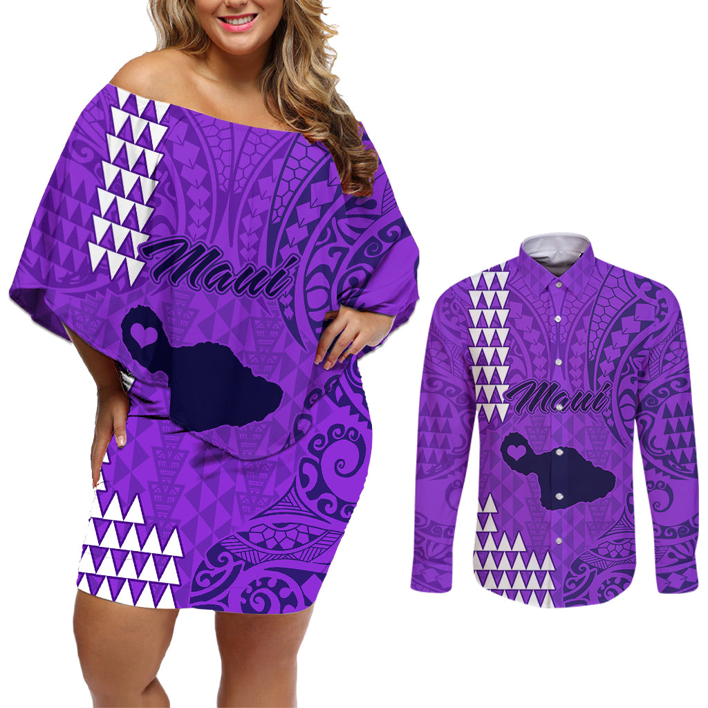 Personalised Maui Island Couples Matching Off Shoulder Short Dress and Long Sleeve Button Shirts Kakau Tribal Mixed Polynesian Pattern Purple LT9 - Wonder Print Shop