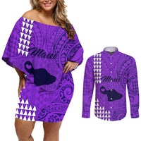 Personalised Maui Island Couples Matching Off Shoulder Short Dress and Long Sleeve Button Shirts Kakau Tribal Mixed Polynesian Pattern Purple LT9 - Wonder Print Shop