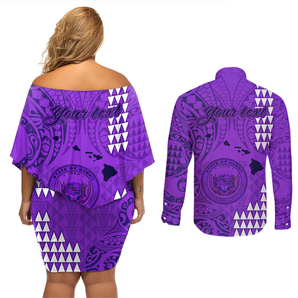Personalised Maui Island Couples Matching Off Shoulder Short Dress and Long Sleeve Button Shirts Kakau Tribal Mixed Polynesian Pattern Purple LT9 - Wonder Print Shop