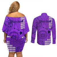 Personalised Maui Island Couples Matching Off Shoulder Short Dress and Long Sleeve Button Shirts Kakau Tribal Mixed Polynesian Pattern Purple LT9 - Wonder Print Shop