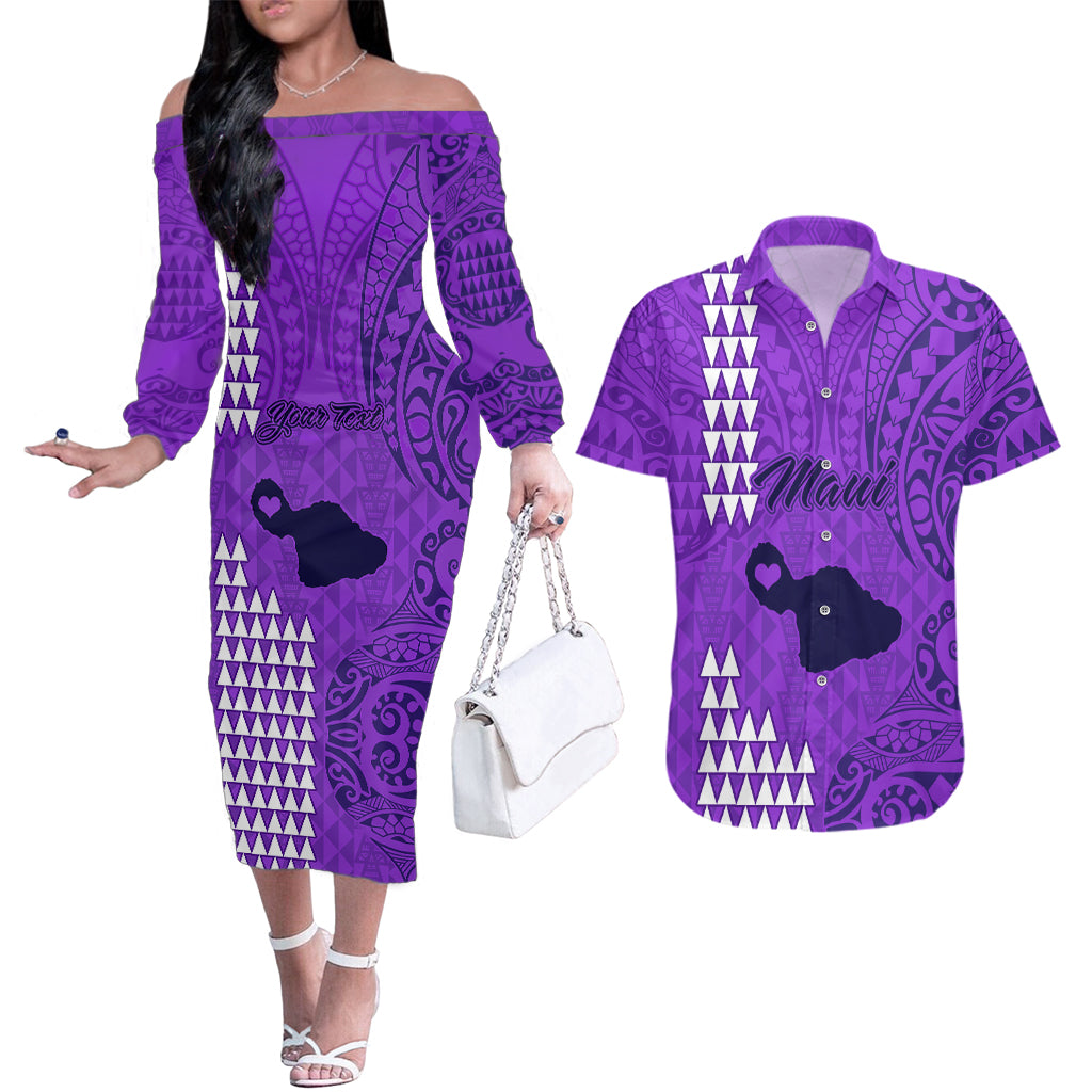 Personalised Maui Island Couples Matching Off The Shoulder Long Sleeve Dress and Hawaiian Shirt Kakau Tribal Mixed Polynesian Pattern Purple LT9 - Wonder Print Shop