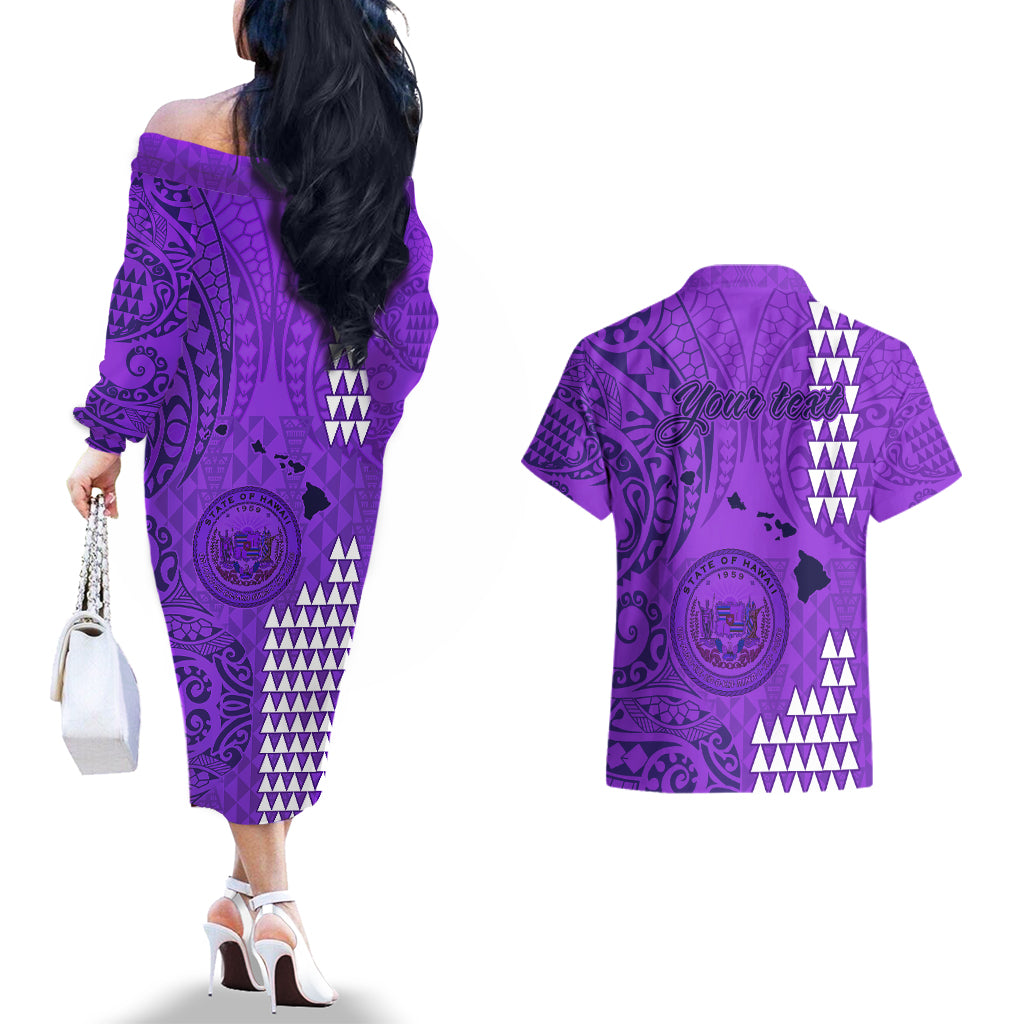 Personalised Maui Island Couples Matching Off The Shoulder Long Sleeve Dress and Hawaiian Shirt Kakau Tribal Mixed Polynesian Pattern Purple LT9 - Wonder Print Shop