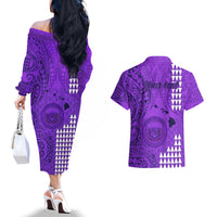 Personalised Maui Island Couples Matching Off The Shoulder Long Sleeve Dress and Hawaiian Shirt Kakau Tribal Mixed Polynesian Pattern Purple LT9 - Wonder Print Shop