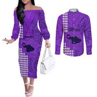 personalised-maui-island-couples-matching-off-the-shoulder-long-sleeve-dress-and-long-sleeve-button-shirts-kakau-tribal-mixed-polynesian-pattern-purple