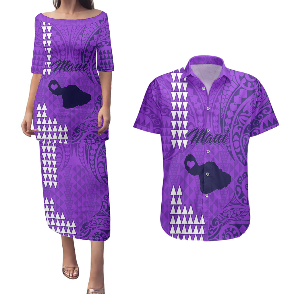 Personalised Maui Island Couples Matching Puletasi Dress and Hawaiian Shirt Kakau Tribal Mixed Polynesian Pattern Purple LT9 - Wonder Print Shop