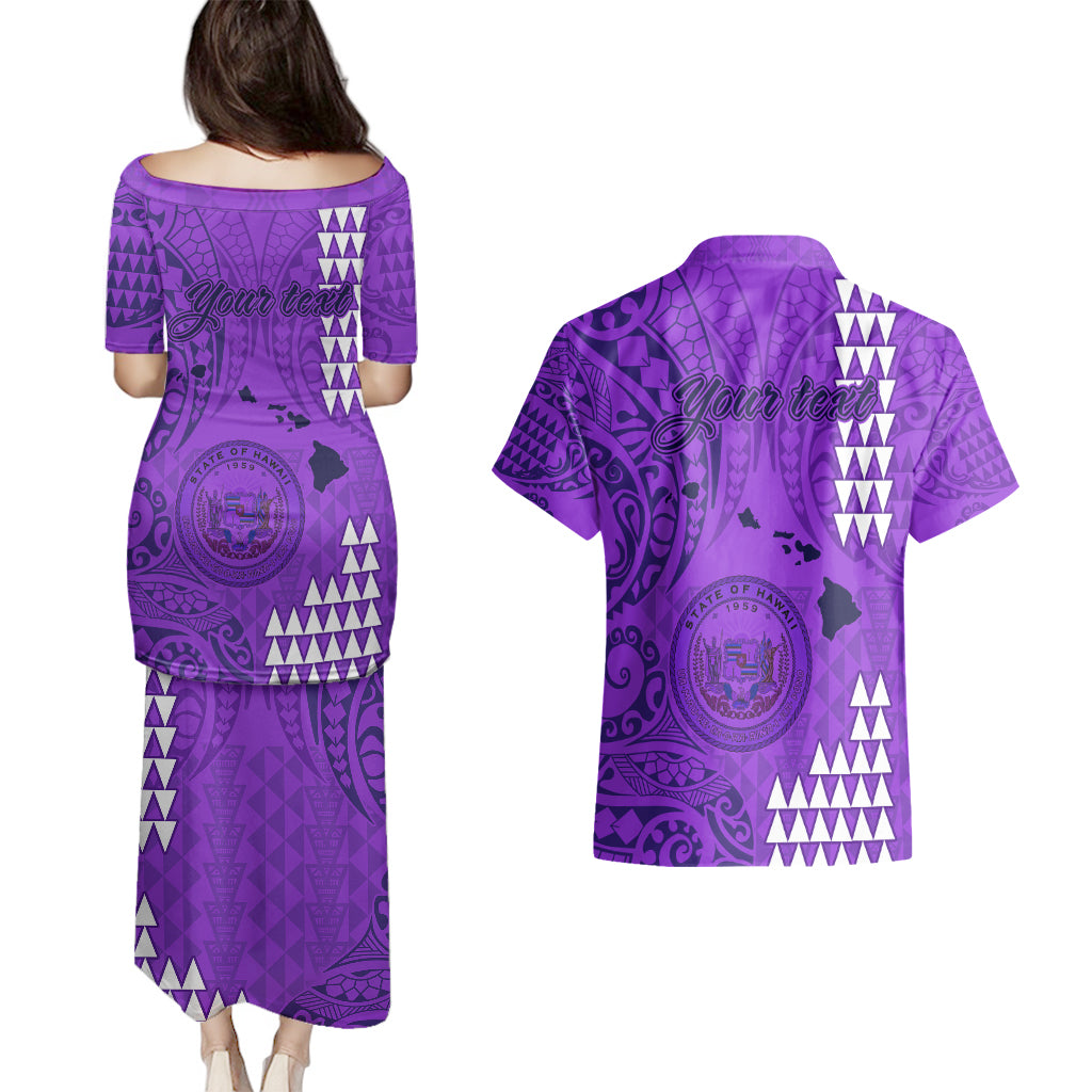 Personalised Maui Island Couples Matching Puletasi Dress and Hawaiian Shirt Kakau Tribal Mixed Polynesian Pattern Purple LT9 - Wonder Print Shop