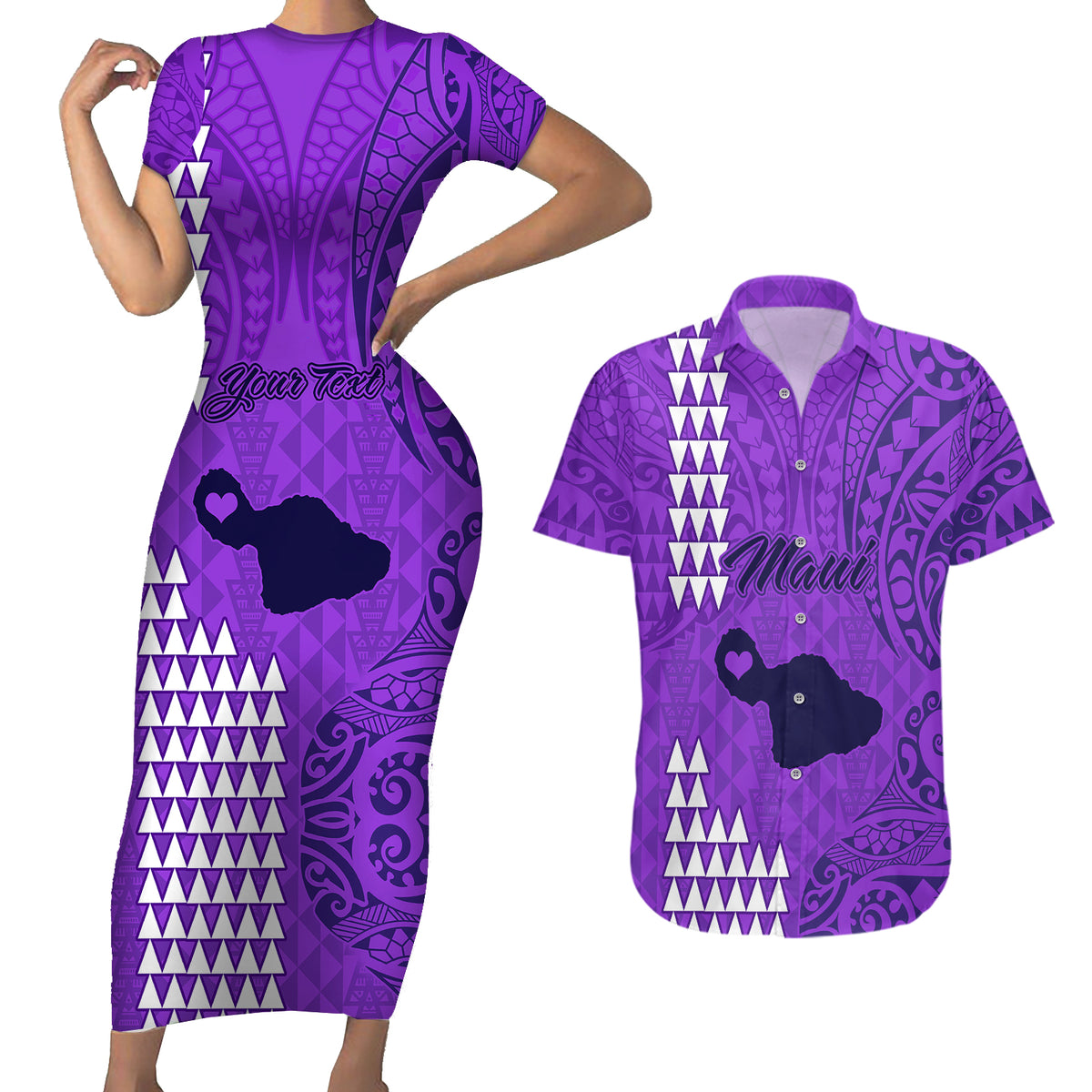 Personalised Maui Island Couples Matching Short Sleeve Bodycon Dress and Hawaiian Shirt Kakau Tribal Mixed Polynesian Pattern Purple LT9 - Wonder Print Shop