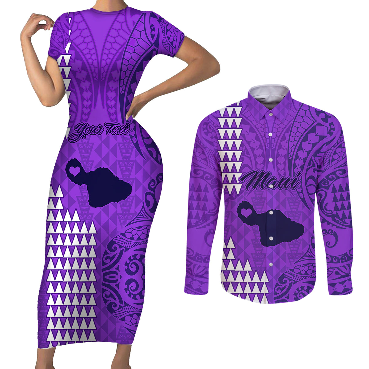 Personalised Maui Island Couples Matching Short Sleeve Bodycon Dress and Long Sleeve Button Shirts Kakau Tribal Mixed Polynesian Pattern Purple LT9 - Wonder Print Shop