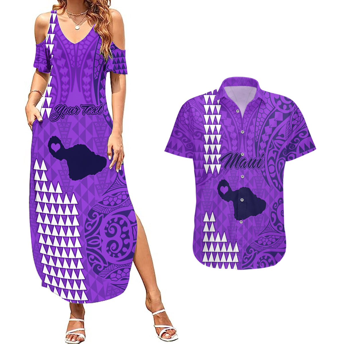 Personalised Maui Island Couples Matching Summer Maxi Dress and Hawaiian Shirt Kakau Tribal Mixed Polynesian Pattern Purple LT9 - Wonder Print Shop