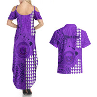 Personalised Maui Island Couples Matching Summer Maxi Dress and Hawaiian Shirt Kakau Tribal Mixed Polynesian Pattern Purple LT9 - Wonder Print Shop