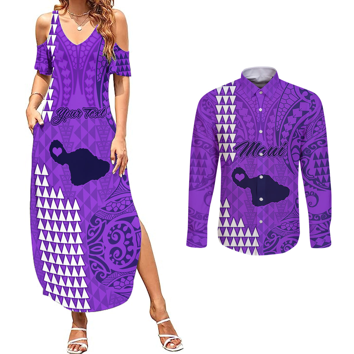 Personalised Maui Island Couples Matching Summer Maxi Dress and Long Sleeve Button Shirts Kakau Tribal Mixed Polynesian Pattern Purple LT9 - Wonder Print Shop