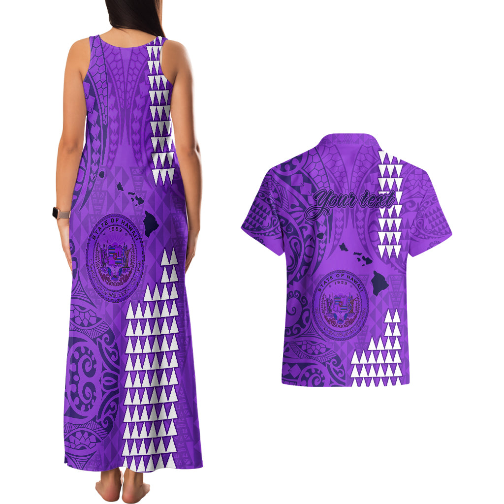Personalised Maui Island Couples Matching Tank Maxi Dress and Hawaiian Shirt Kakau Tribal Mixed Polynesian Pattern Purple LT9 - Wonder Print Shop
