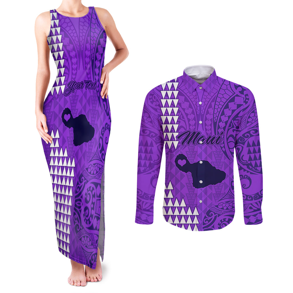 Personalised Maui Island Couples Matching Tank Maxi Dress and Long Sleeve Button Shirts Kakau Tribal Mixed Polynesian Pattern Purple LT9 - Wonder Print Shop