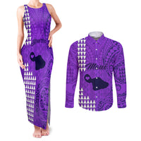 Personalised Maui Island Couples Matching Tank Maxi Dress and Long Sleeve Button Shirts Kakau Tribal Mixed Polynesian Pattern Purple LT9 - Wonder Print Shop