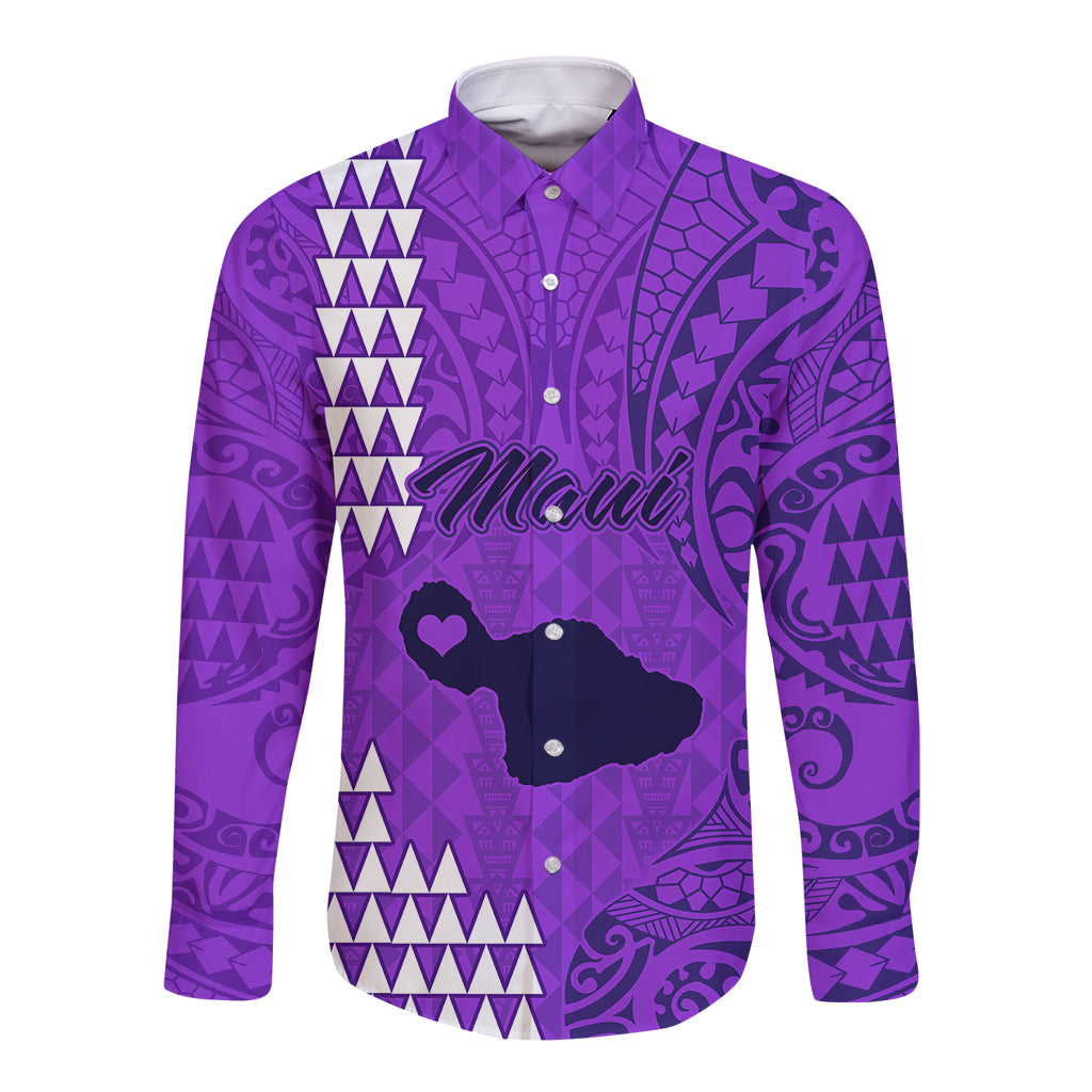 Personalised Maui Island Long Sleeve Button Shirt Kakau Tribal Mixed Polynesian Pattern Purple - Wonder Print Shop