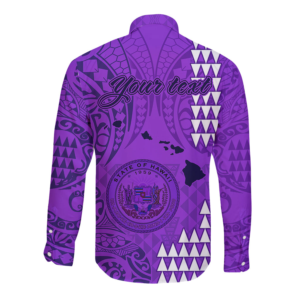 Personalised Maui Island Long Sleeve Button Shirt Kakau Tribal Mixed Polynesian Pattern Purple - Wonder Print Shop