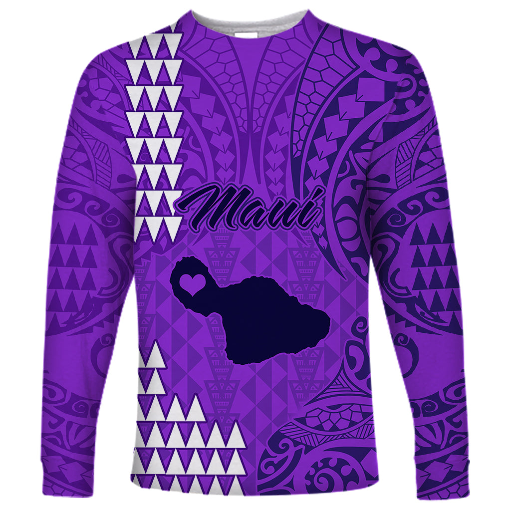 Personalised Maui Island Long Sleeve Shirt Kakau Tribal Mixed Polynesian Pattern Purple - Wonder Print Shop