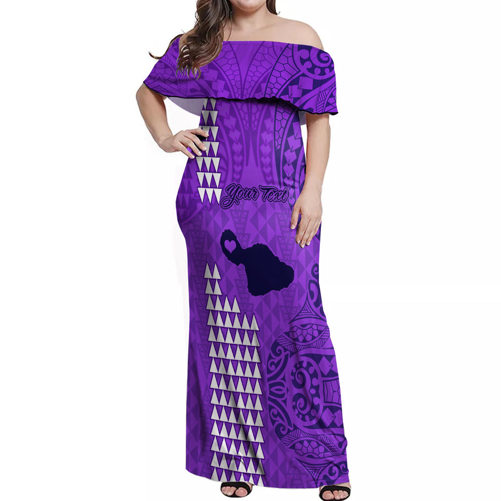 Personalised Maui Island Off Shoulder Maxi Dress Kakau Tribal Mixed Polynesian Pattern Purple - Wonder Print Shop