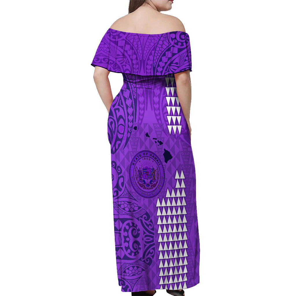 Personalised Maui Island Off Shoulder Maxi Dress Kakau Tribal Mixed Polynesian Pattern Purple - Wonder Print Shop
