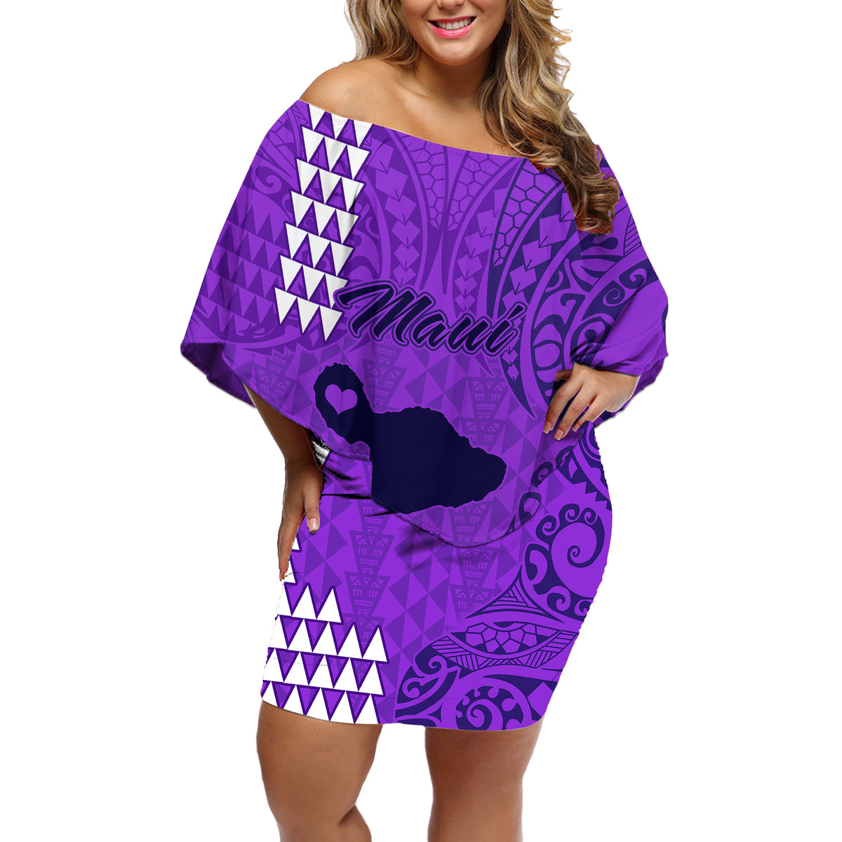Personalised Maui Island Off Shoulder Short Dress Kakau Tribal Mixed Polynesian Pattern Purple - Wonder Print Shop