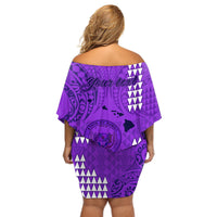 Personalised Maui Island Off Shoulder Short Dress Kakau Tribal Mixed Polynesian Pattern Purple - Wonder Print Shop