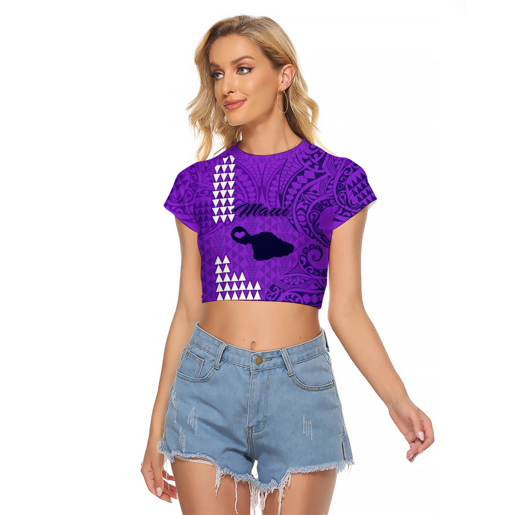 Personalised Maui Island Raglan Cropped T Shirt Kakau Tribal Mixed Polynesian Pattern Purple - Wonder Print Shop