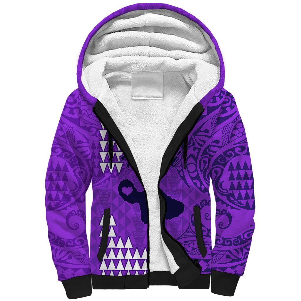 Personalised Maui Island Sherpa Hoodie Kakau Tribal Mixed Polynesian Pattern Purple - Wonder Print Shop