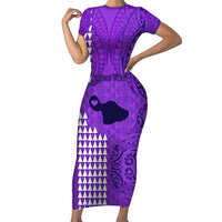 Personalised Maui Island Short Sleeve Bodycon Dress Kakau Tribal Mixed Polynesian Pattern Purple - Wonder Print Shop