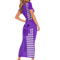 Personalised Maui Island Short Sleeve Bodycon Dress Kakau Tribal Mixed Polynesian Pattern Purple - Wonder Print Shop