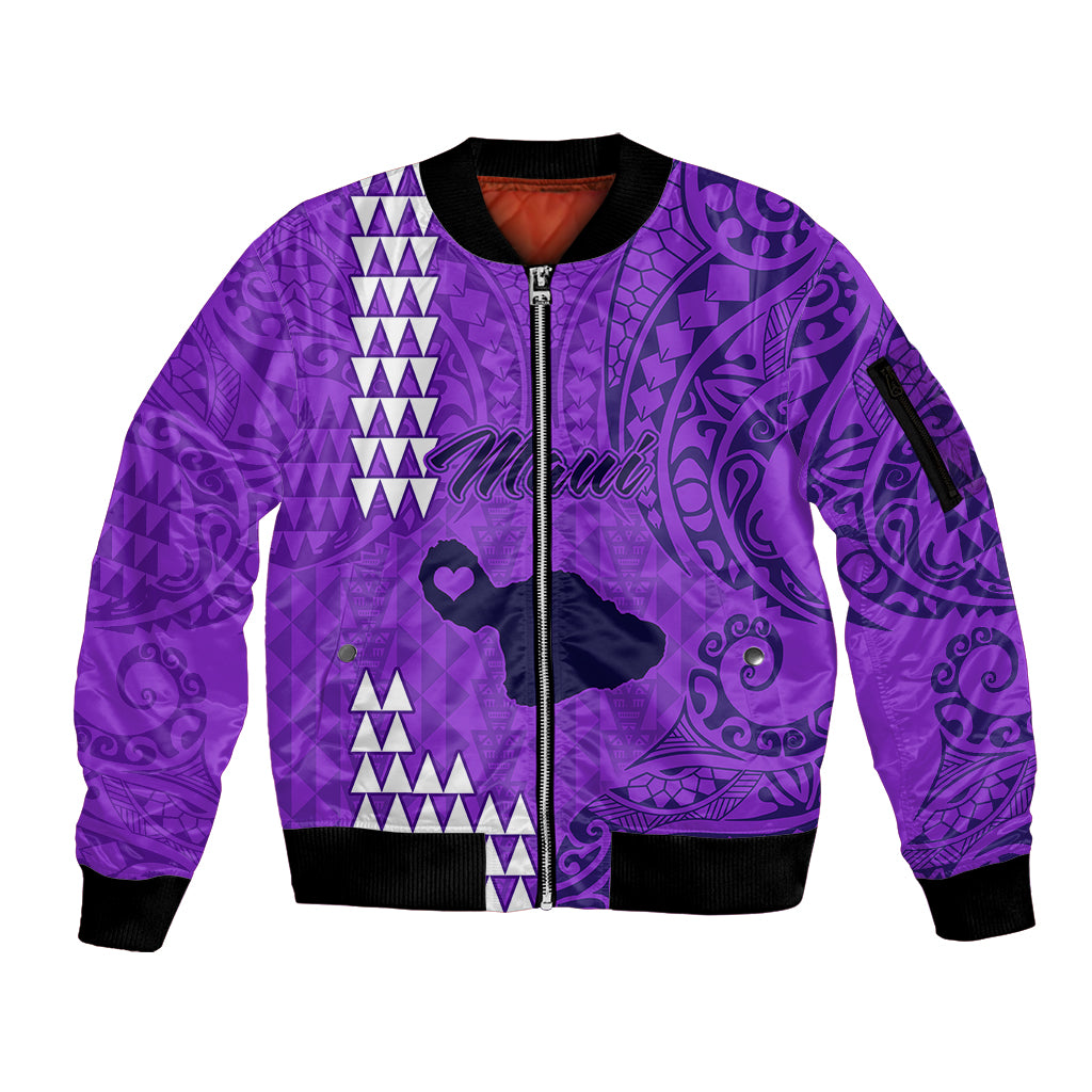 Personalised Maui Island Sleeve Zip Bomber Jacket Kakau Tribal Mixed Polynesian Pattern Purple - Wonder Print Shop
