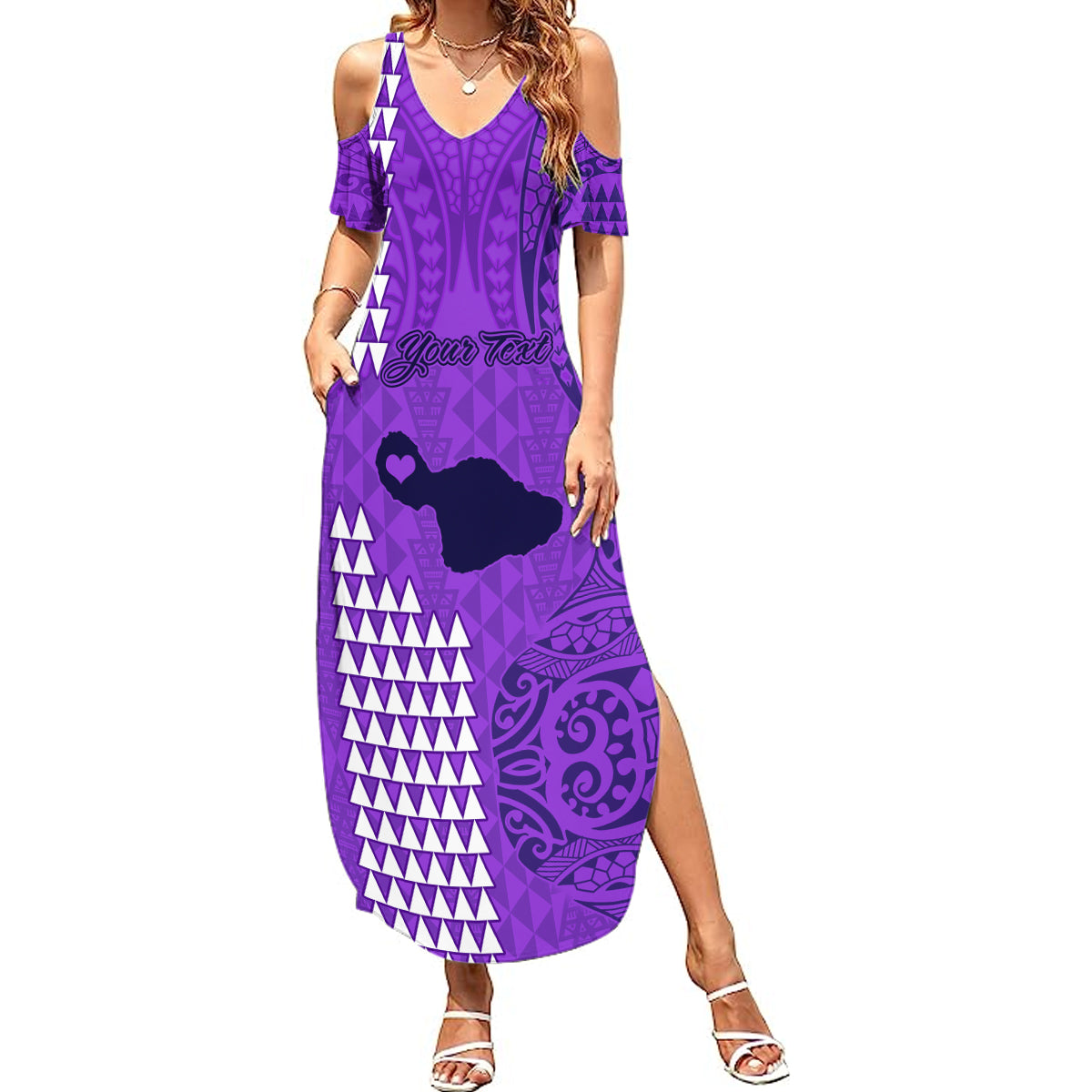 Personalised Maui Island Summer Maxi Dress Kakau Tribal Mixed Polynesian Pattern Purple - Wonder Print Shop