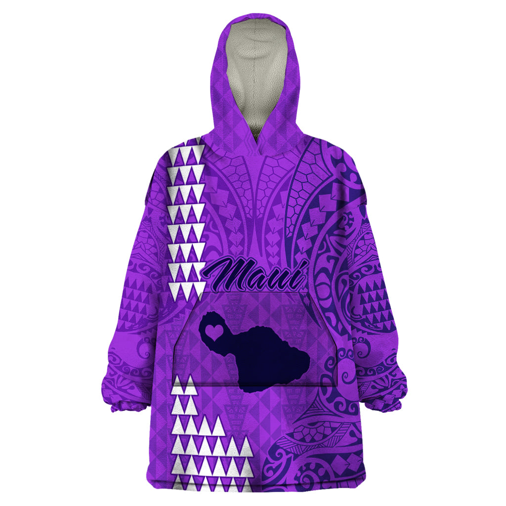 Personalised Maui Island Wearable Blanket Hoodie Kakau Tribal Mixed Polynesian Pattern Purple - Wonder Print Shop