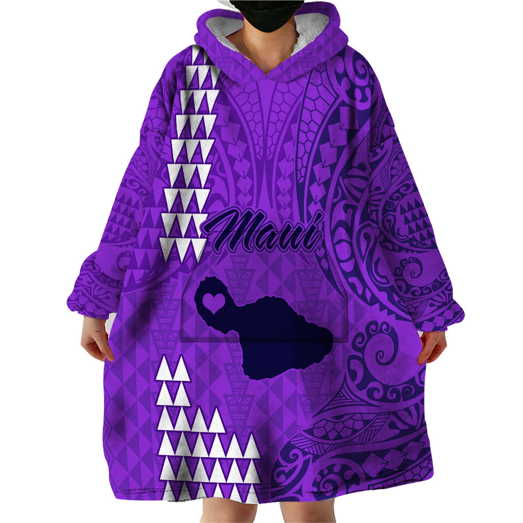 Personalised Maui Island Wearable Blanket Hoodie Kakau Tribal Mixed Polynesian Pattern Purple - Wonder Print Shop