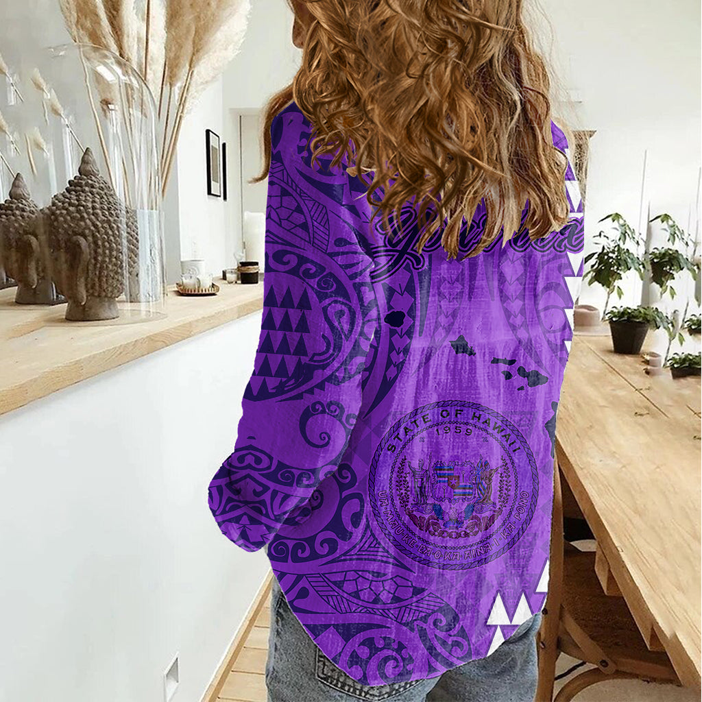 Personalised Maui Island Women Casual Shirt Kakau Tribal Mixed Polynesian Pattern Purple - Wonder Print Shop