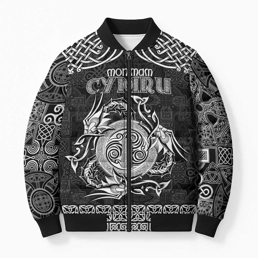 Personalized Anglesey Ynys Mon Bomber Puffer Jacket Black Standing Stone Celtic-inspired - Wonder Print Shop