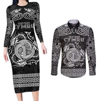 Personalized Anglesey Ynys Mon Couples Matching Long Sleeve Bodycon Dress and Long Sleeve Button Shirt Black Standing Stone Celtic-inspired - Wonder Print Shop