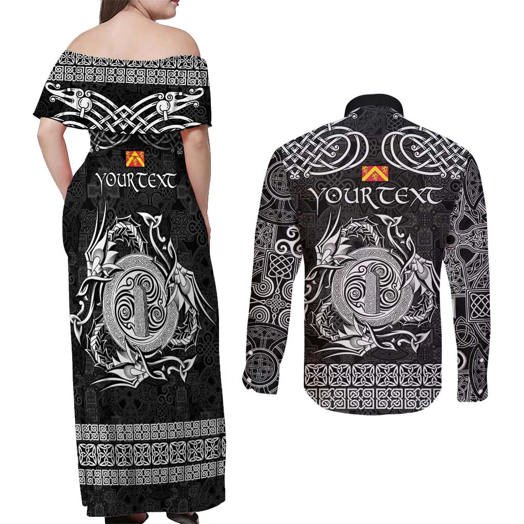 Personalized Anglesey Ynys Mon Couples Matching Off Shoulder Maxi Dress and Long Sleeve Button Shirt Black Standing Stone Celtic-inspired - Wonder Print Shop