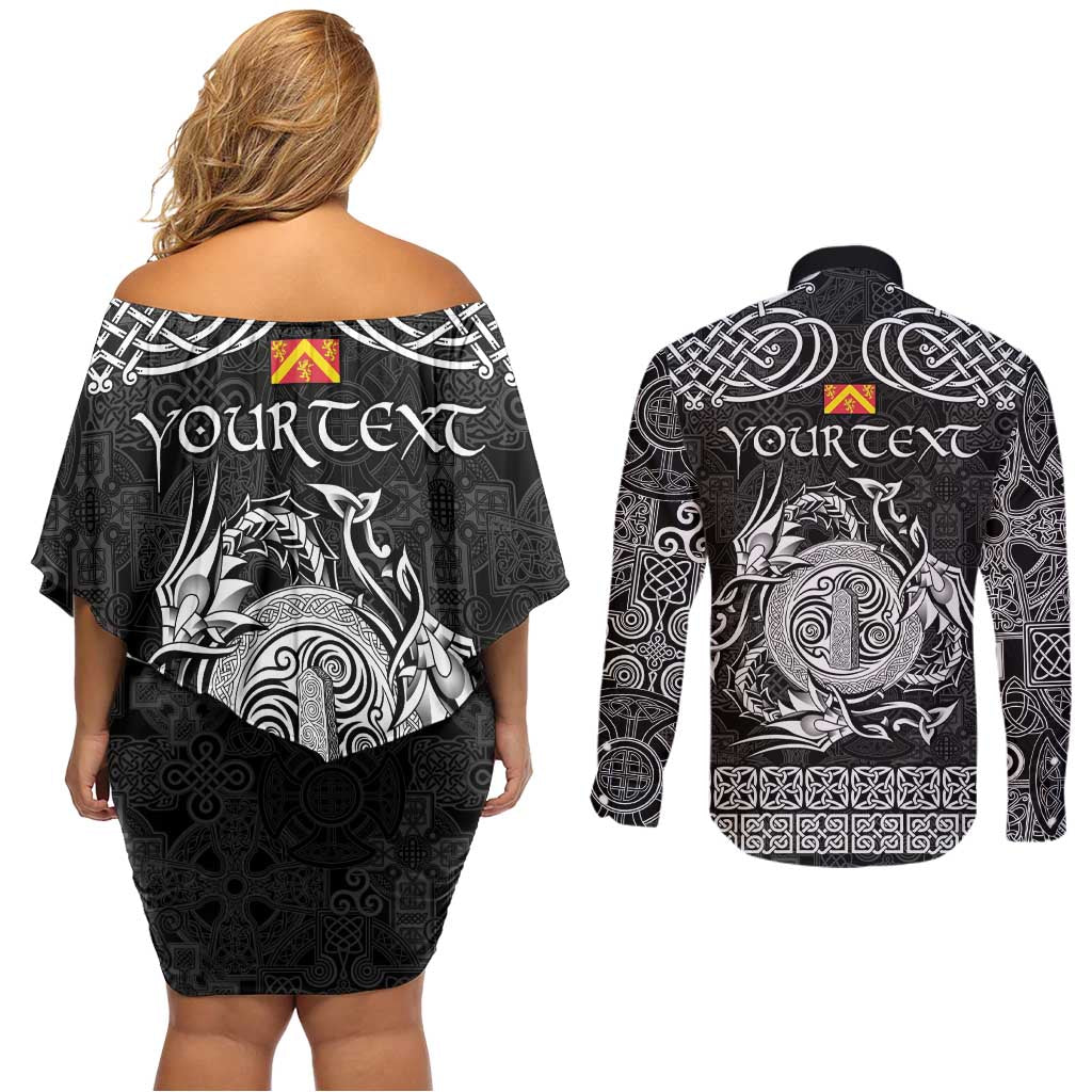 Personalized Anglesey Ynys Mon Couples Matching Off Shoulder Short Dress and Long Sleeve Button Shirt Black Standing Stone Celtic-inspired - Wonder Print Shop