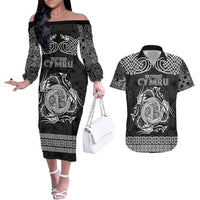 Personalized Anglesey Ynys Mon Couples Matching Off The Shoulder Long Sleeve Dress and Hawaiian Shirt Black Standing Stone Celtic-inspired - Wonder Print Shop