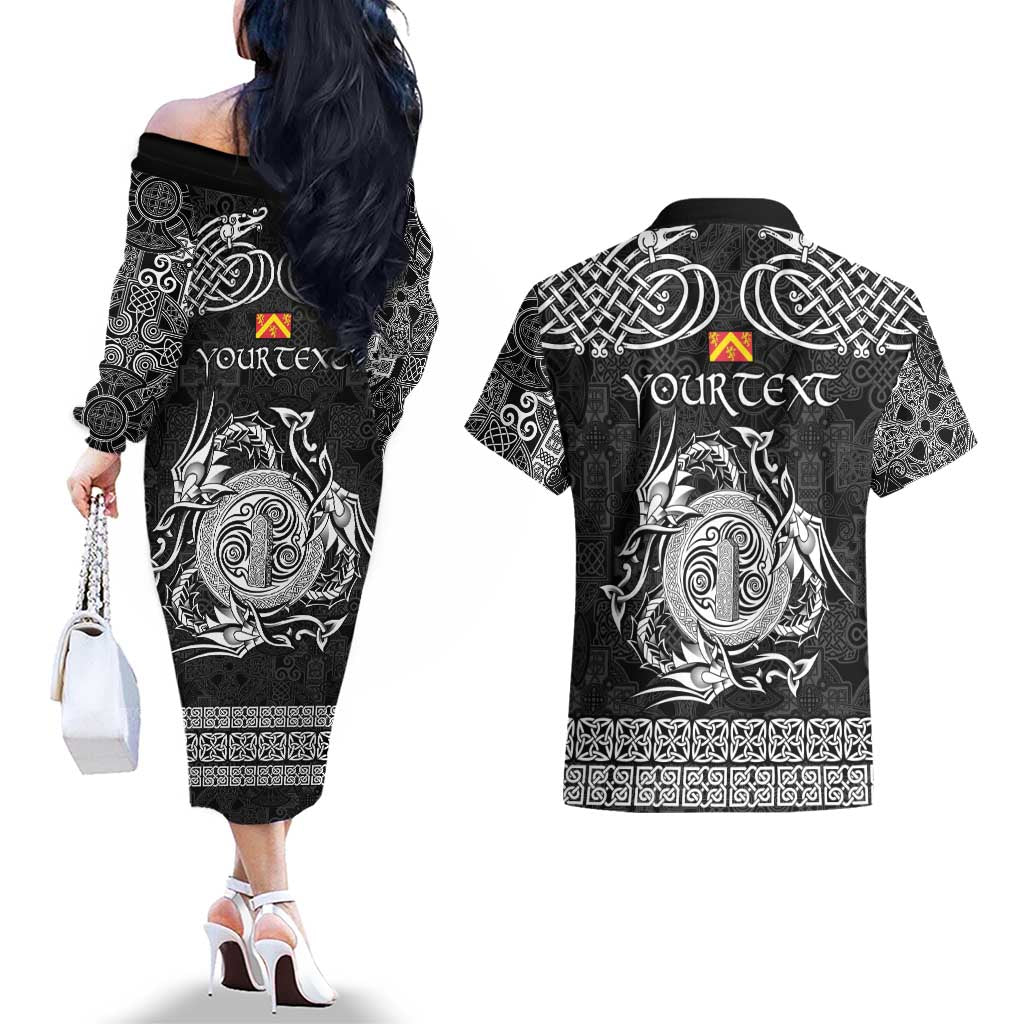 Personalized Anglesey Ynys Mon Couples Matching Off The Shoulder Long Sleeve Dress and Hawaiian Shirt Black Standing Stone Celtic-inspired - Wonder Print Shop